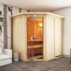 KARIBU Carin Sauna, Naturbelassen, Fichte, 210 X 165 X 202 Cm, Eckeinstieg,mit Bronzierter Tür Und Kranz SETmit Ofen 4,5 KW Integr. Str.