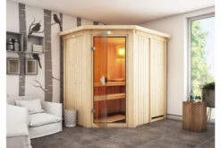 KARIBU Carin Sauna, Naturbelassen, Fichte, 210 X 165 X 202 Cm, Eckeinstieg,mit Bronzierter Tür Und Kranz SETmit Ofen 4,5 KW Integr. Str.