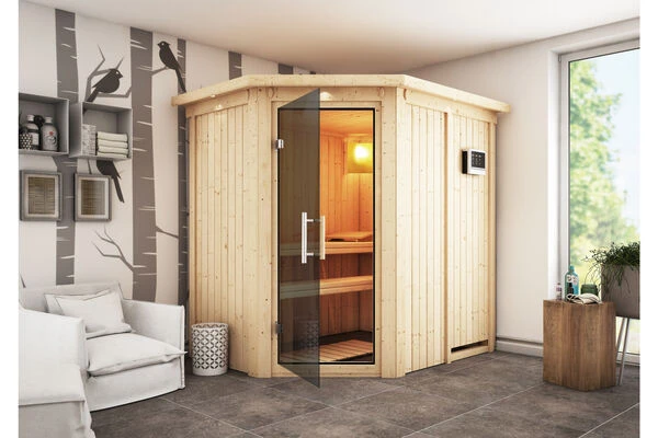 KARIBU Carin Sauna, Naturbelassen, Fichte, 210 X 165 X 202 Cm, Eckeinstieg,mit Graphitfarbener Tür Und Kranz SETmit Ofen 4,5 KW Ext. Strg. Easy 3 KARIBU Carin Sauna, Naturbelassen, Fichte, 210 X 165 X 202 Cm, Eckeinstieg,mit Graphitfarbener Tür Und Kranz SETmit Ofen 4,5 KW Ext. Strg. Easy