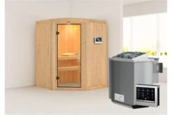 KARIBU Asmada Sauna, Naturbelassen, Fichte, 151 X 151 X 198 Cm, Eckeinstieg,SET Mit Ofen 4,5 KW Bio Ext. Strg.
