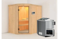 KARIBU Lavea Sauna, Naturbelassen, Fichte, 151 X 196 X 198 Cm, Eckeinstieg, Mit Rundbogenelement SET Mit Ofen 4,5 KW Bio Ext. Strg.