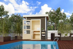 KARIBU Jorgen Saunahaus, Terragrau, Fichte, 196 X 146 X 190 Cm, Fronteinstieg, Mit Moderner Tür SET Mit Ofen 9 KW Bio Ext. Stgr. Modern