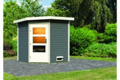 KARIBU Pekka Saunahaus, Terragrau, Fichte, 196 X 196 X 190 Cm, Eckeinstieg, Mit Moderner Tür