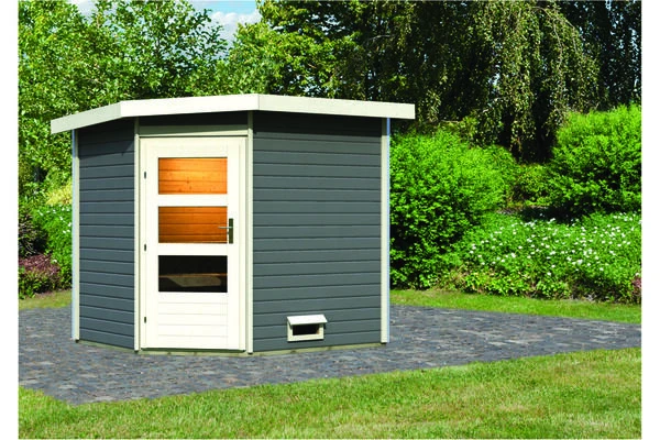 KARIBU Mikka Saunahaus, Terragrau, Fichte, 231 X 196 X 190 Cm, Eckeinstieg, Mit Moderner Tür 3 KARIBU Mikka Saunahaus, Terragrau, Fichte, 231 X 196 X 190 Cm, Eckeinstieg, Mit Moderner Tür