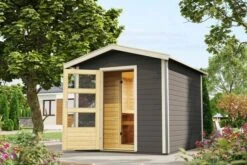 KARIBU Bosse 1 Saunahaus, Terragrau, Fichte, 231x273x235 Cm, Mit Vorraum, Fronteinstieg Und 9 KW Bio-Ofen