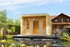 KARIBU Eldor Saunahaus, Naturbelassen, Fichte, 276x276x210 Cm, Mit Bronzierter Tür, Terrasse Und 9 KW Ofen