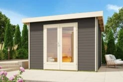 KARIBU Mainburg 1 Saunahaus, Terragrau, Fichte, 309x309x229 Cm, SET 1 Mit Doppelflügeltür, Vorraum Und 9 KW Ofen