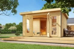 KARIBU Mainburg 3 Saunahaus, Naturbelassen, Fichte, 369x369x229 Cm, SET A Mit Doppelflügeltür, Vorraum Und 9 KW Bio-Ofen