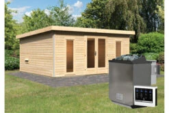 KARIBU Mainburg 4 Saunahaus, Naturbelassen, Fichte, 490x368x229 Cm, SET A Mit Doppelflügeltür, Vorraum Und 9 KW Bio-Ofen