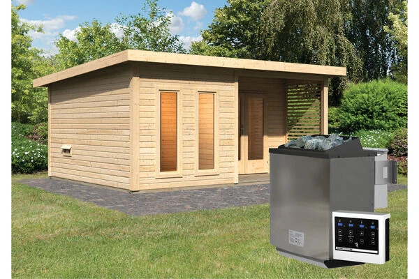 KARIBU Mainburg 5 Saunahaus, Naturbelassen, Fichte, 508x368x253 Cm, SET A Mit Doppelflügeltür, Terrasse Und 9 KW Bio-Ofen 4 KARIBU Mainburg 5 Saunahaus, Naturbelassen, Fichte, 508x368x253 Cm, SET A Mit Doppelflügeltür, Terrasse Und 9 KW Bio-Ofen – Bild 2