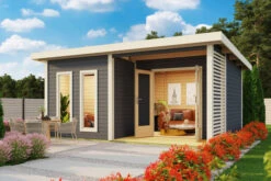 KARIBU Mainburg 5 Saunahaus, Terragrau, Fichte, 508x368x253 Cm, SET A Mit Doppelflügeltür, Terrasse Und 9 KW Ofen