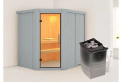 KARIBU Siirin Sauna, Lichtgrau, Fichte, 196x170x198 Cm, Inkl. Eckeinstieg, Ganzglastür Und 4,5 KW Ofen Integr. Strg.