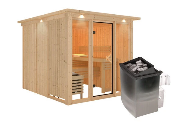 KARIBU Askja Sauna-Set, Naturbelassen, Fichte, 240x248x202 Cm Inkl. Kranz, Ganzglastür Und 9 KW Ofen Integr. Strg. 4 KARIBU Askja Sauna-Set, Naturbelassen, Fichte, 240x248x202 Cm Inkl. Kranz, Ganzglastür Und 9 KW Ofen Integr. Strg. – Bild 2