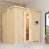 KARIBU Benin Energiespar-Sauna, Naturbelassen, Fichte, 210x165x202 Cm, Mit Kranz Und 3,6 KW Bio-Ofen Ext. Steuerung