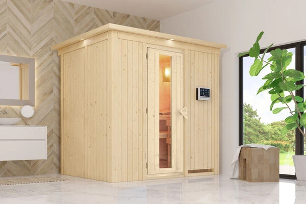 KARIBU Benin Energiespar-Sauna, Naturbelassen, Fichte, 210x165x202 Cm, Mit Kranz Und 3,6 KW Bio-Ofen Ext. Steuerung 3 KARIBU Benin Energiespar-Sauna, Naturbelassen, Fichte, 210x165x202 Cm, Mit Kranz Und 3,6 KW Bio-Ofen Ext. Steuerung