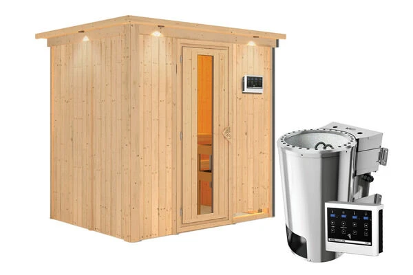KARIBU Benin Energiespar-Sauna, Naturbelassen, Fichte, 210x165x202 Cm, Mit Kranz Und 3,6 KW Bio-Ofen Ext. Steuerung 5 KARIBU Benin Energiespar-Sauna, Naturbelassen, Fichte, 210x165x202 Cm, Mit Kranz Und 3,6 KW Bio-Ofen Ext. Steuerung – Bild 3