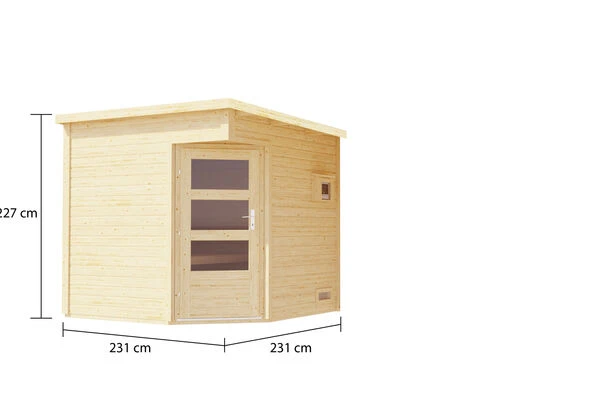 KARIBU Pelle Saunahaus, Naturbelassen, Fichte, 231x231x227 Cm, Mit 9 KW Ofen Ext. Steuerung 7 KARIBU Pelle Saunahaus, Naturbelassen, Fichte, 231x231x227 Cm, Mit 9 KW Ofen Ext. Steuerung – Bild 5