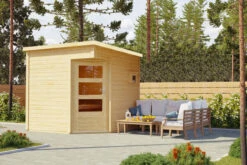 KARIBU Pelle Saunahaus, Naturbelassen, Fichte, 231x231x227 Cm, Mit 9 KW Bio-Ofen Ext. Steuerung