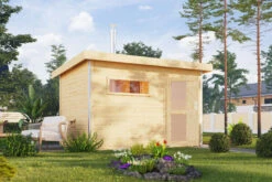 KARIBU Skrollan 2 Saunahaus, Naturbelassen, Fichte, 336x231x227 Cm, Milchglastür & Holzofen Inkl. Schornstein