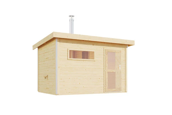 KARIBU Skrollan 2 Saunahaus, Naturbelassen, Fichte, 336x231x227 Cm, Milchglastür & Holzofen Inkl. Schornstein 4 KARIBU Skrollan 2 Saunahaus, Naturbelassen, Fichte, 336x231x227 Cm, Milchglastür & Holzofen Inkl. Schornstein – Bild 2