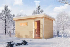 KARIBU Skrollan 3 Saunahaus, Naturbelassen, Fichte, 396x231x227 Cm, Milchglastür & Holzofen Inkl. Schornstein