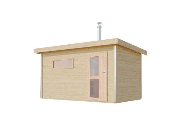KARIBU Skrollan 3 Saunahaus, Naturbelassen, Fichte, 396x231x227 Cm, Milchglastür & Holzofen Inkl. Schornstein 4 KARIBU Skrollan 3 Saunahaus, Naturbelassen, Fichte, 396x231x227 Cm, Milchglastür & Holzofen Inkl. Schornstein – Bild 2